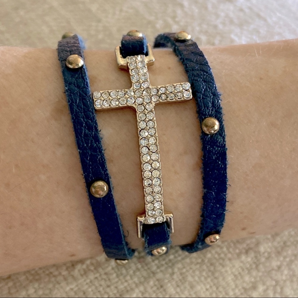 Leather Wrap Bracelet with Rhinestone Cross